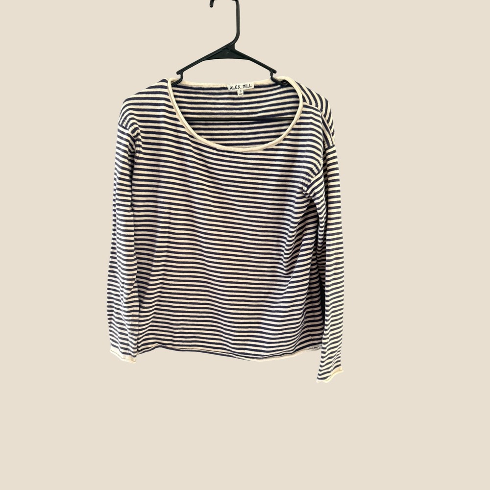 Alex Mill Women Navy Blue Cream Striped Cotton Linen Long Sleeve Top Size S